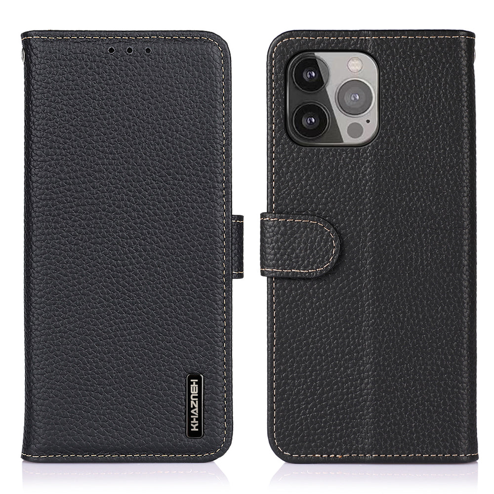 KHAZNEH Til iPhone 15 Pro Max Stand Telefon Case Ægte ko læder TPU cover Pung Litchi Texture Mobiltelefon Shell KHAZNEH Til iPhone 15 Pro Max Stand Telefon Case Ægte ko læder TPU cover Pung Litchi Texture Mobiltelefon Shell